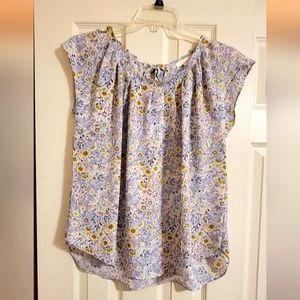 Gently used LC Lauren Conrad pleat neck blouse XL light blue with floral pattern